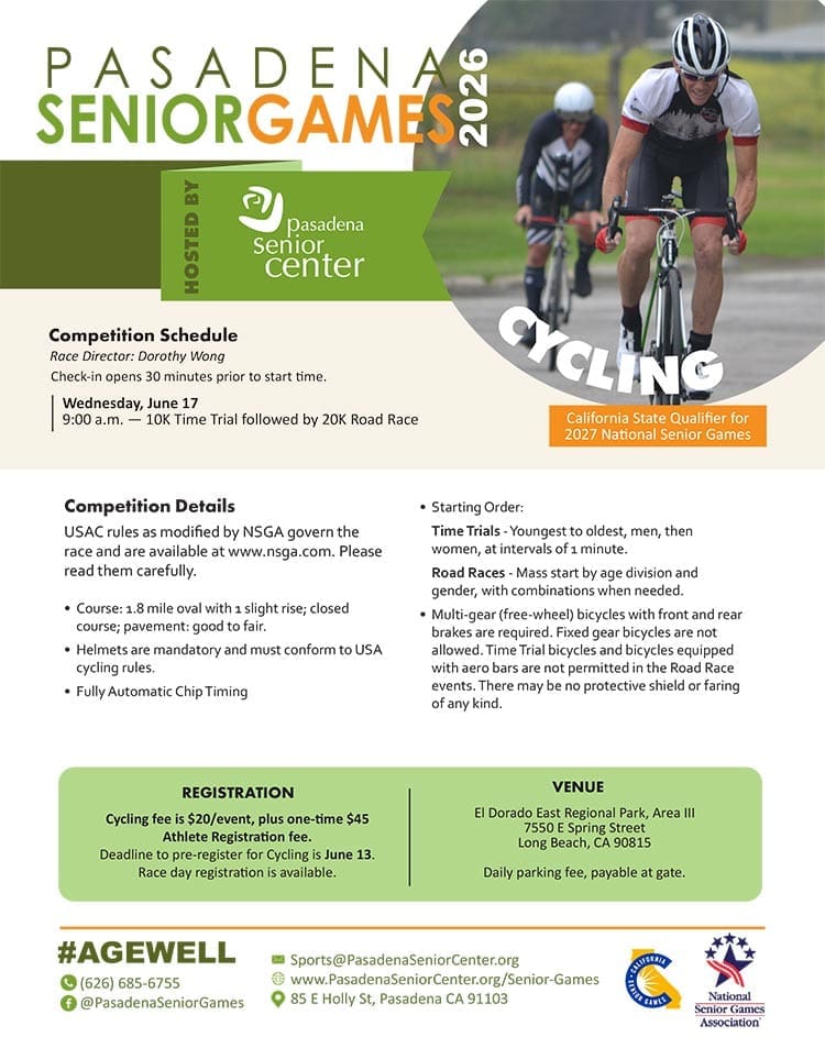 Discover the Pasadena Senior Games, featuring rare Cycling Road Races for adults aged 50 and over. Join the fun in 2026!