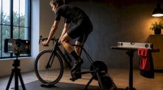 Cyclist checking position on indoor trainer
